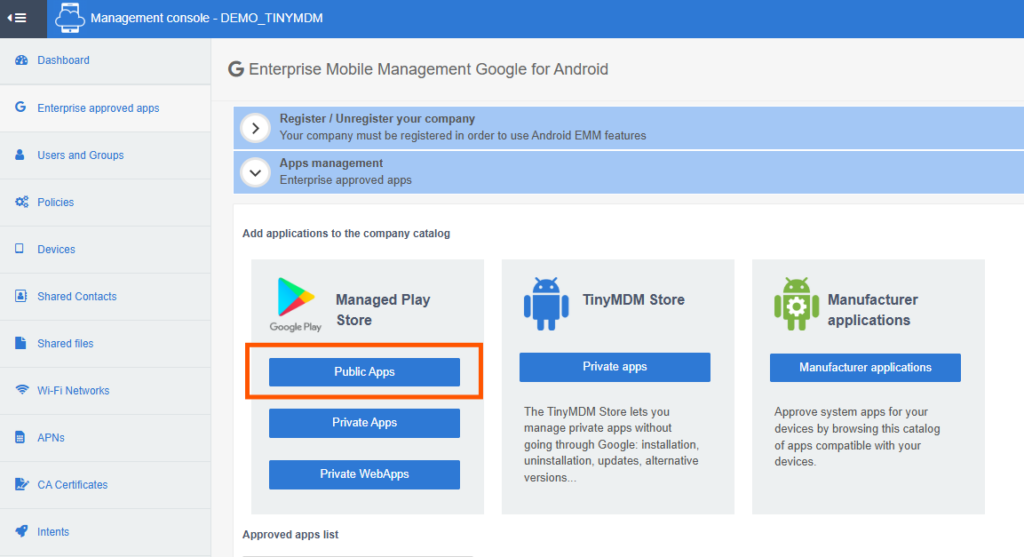 Managing public applications via the Play Store - TinyMDM